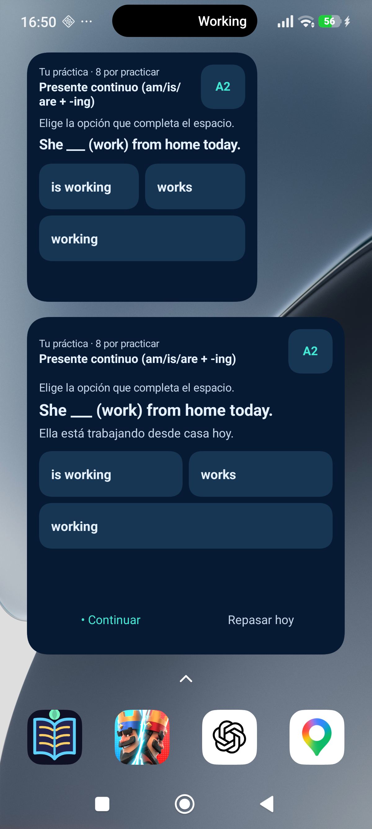 Captura real de Android con dos tamaños del widget de UnionLingua y sus opciones de respuesta.